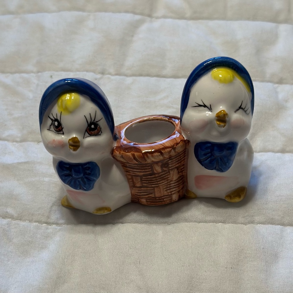 Vintage Ceramic Chick Figurines with Basket for toothpicks